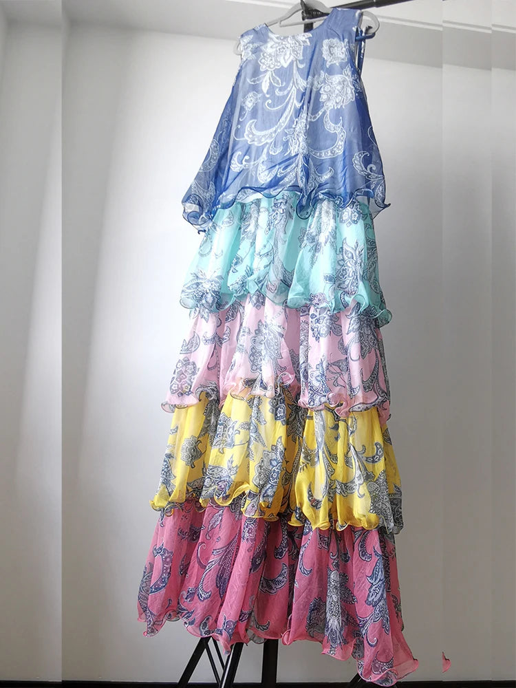 Women's Sleeveless Tie-Waist Ruffle Tiered Midi Dress