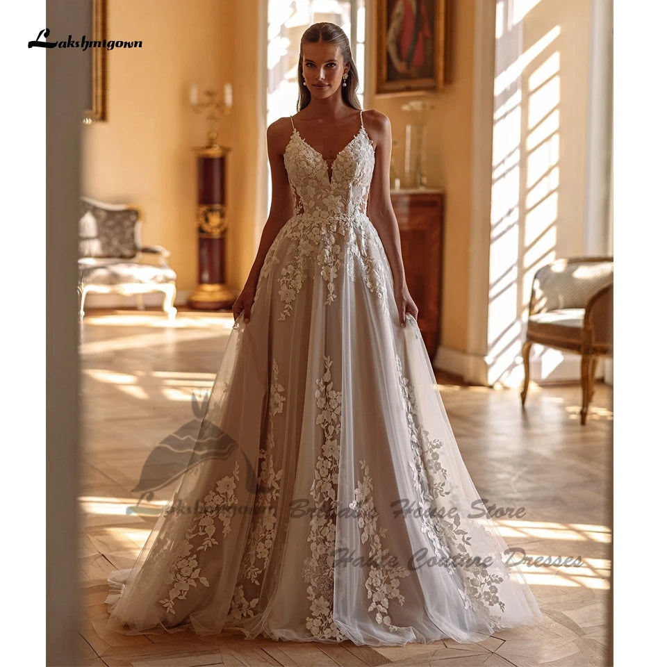 Champagne Boho Lace Beach Bridal Gown