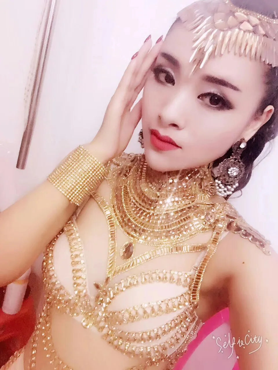 Embellished Rhinestones Chain Bikini Sets Shiny Costume For Women Mesh Gauze Trailing Nightclub Dance Show Wear Stage Outfit
