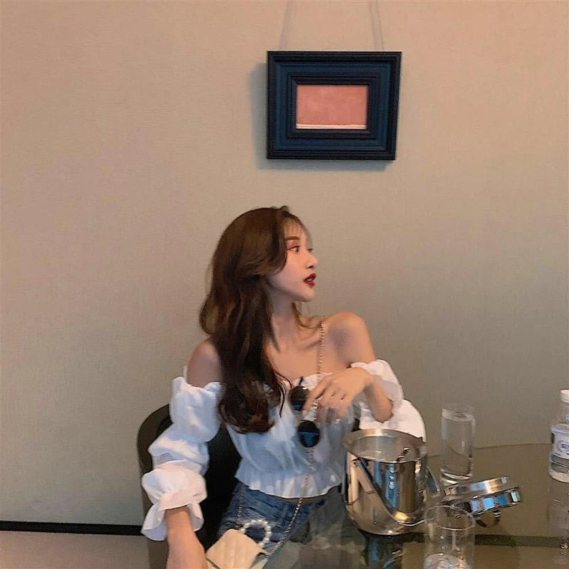 Off Shoulder Puff Sve Ruffle Crop Top