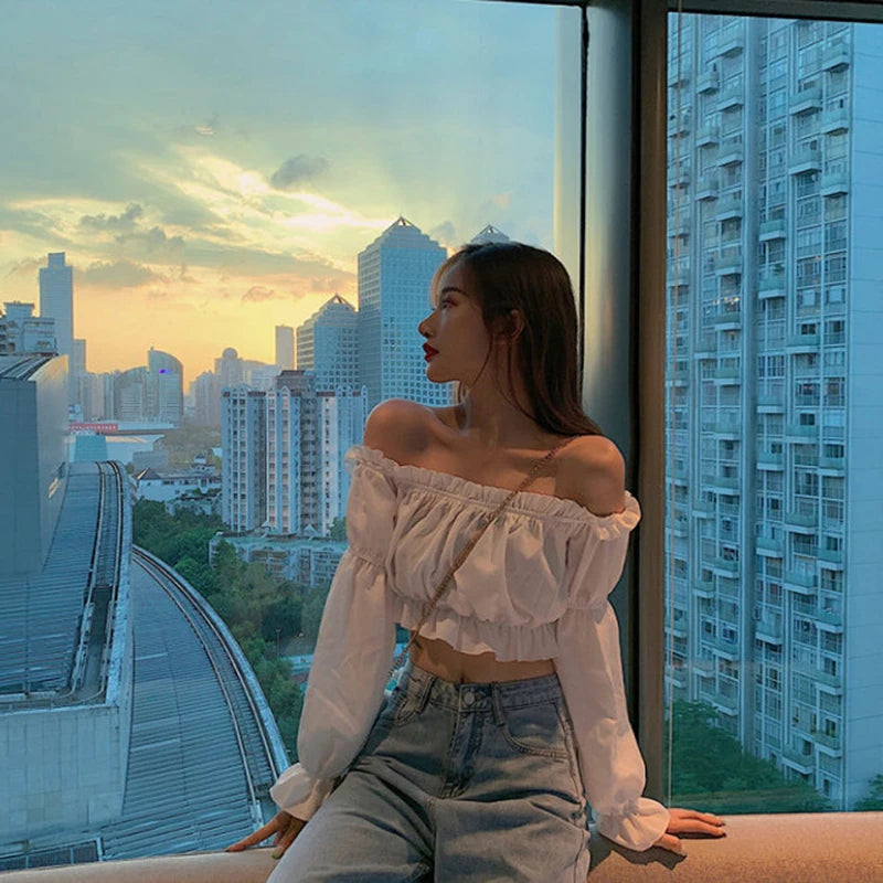 Off Shoulder Puff Sve Ruffle Crop Top