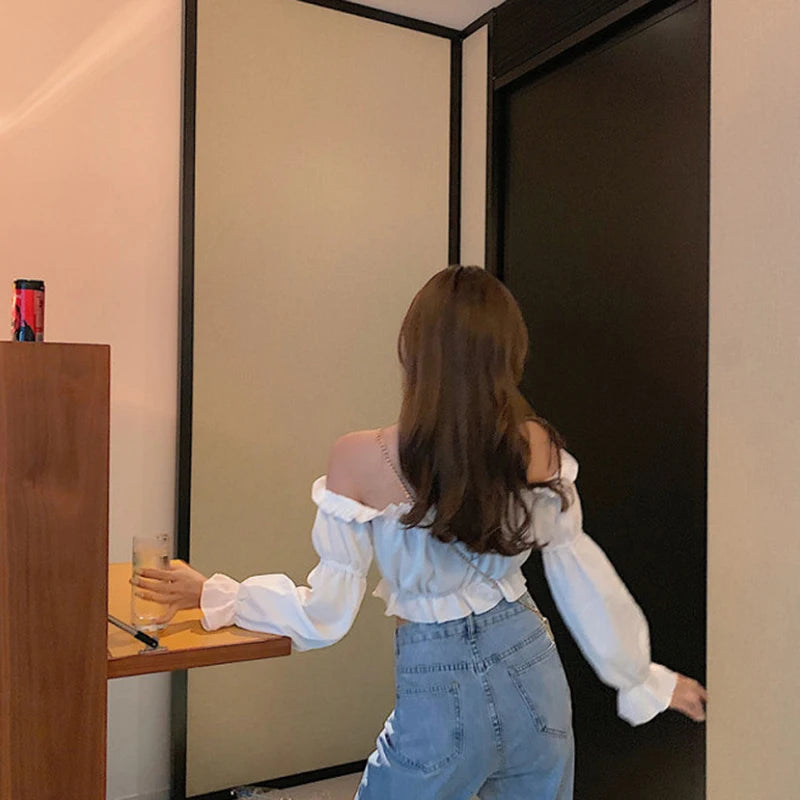 Off Shoulder Puff Sve Ruffle Crop Top