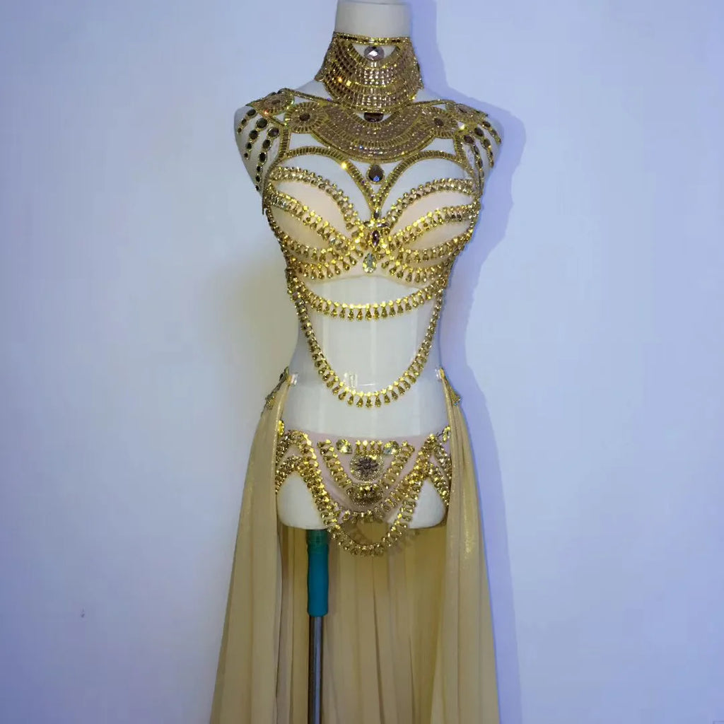 Embellished Rhinestones Chain Bikini Sets Shiny Costume For Women Mesh Gauze Trailing Nightclub Dance Show Wear Stage Outfit