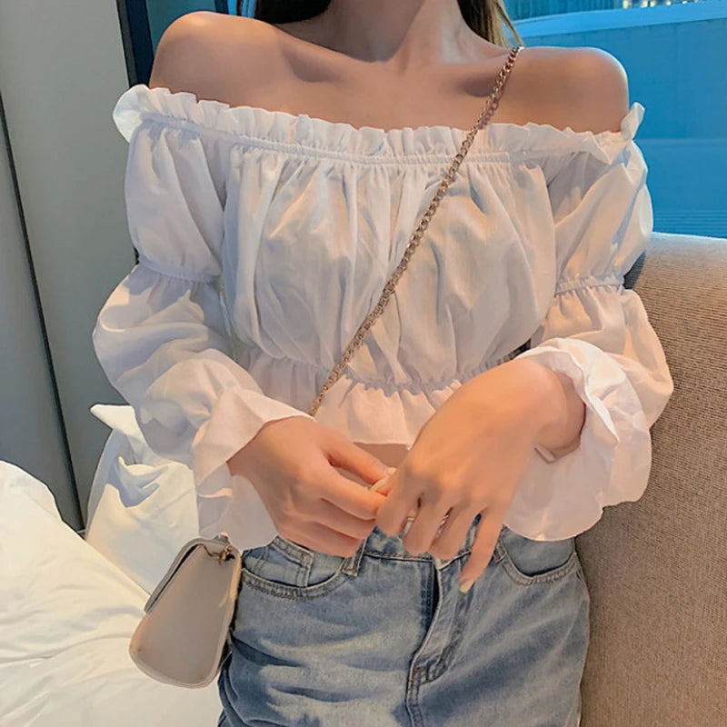 Off Shoulder Puff Sve Ruffle Crop Top