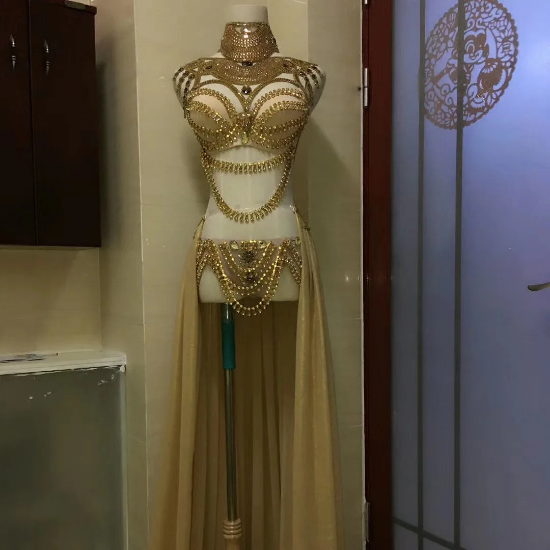 Embellished Rhinestones Chain Bikini Sets Shiny Costume For Women Mesh Gauze Trailing Nightclub Dance Show Wear Stage Outfit