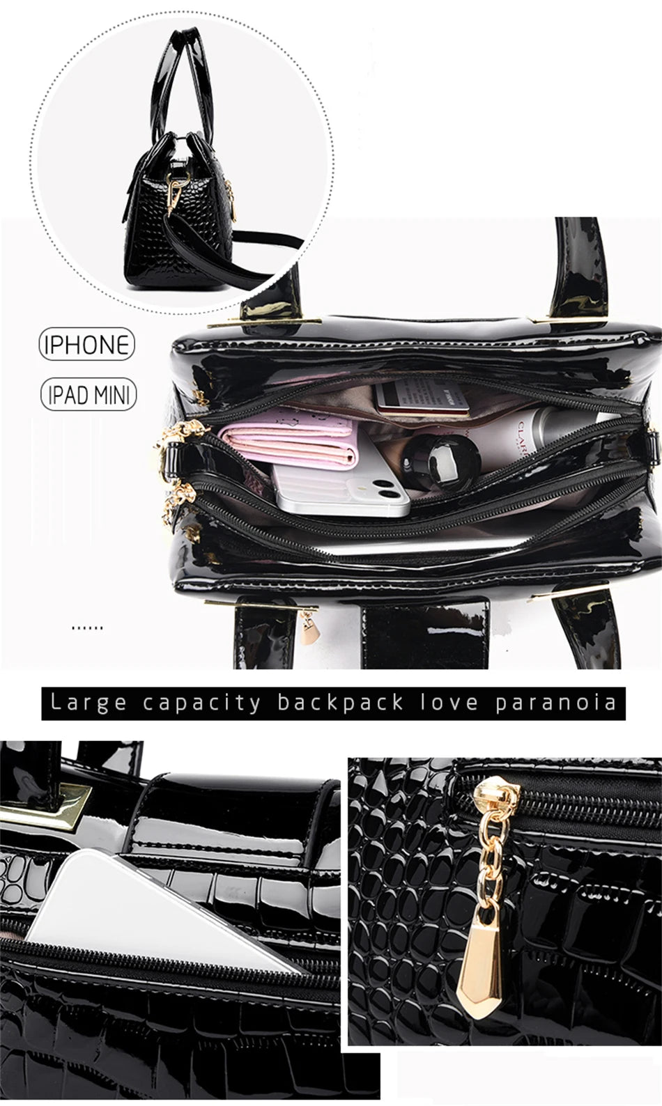 2-Layer Large Capacity Crocodile Pattern Boston Bag