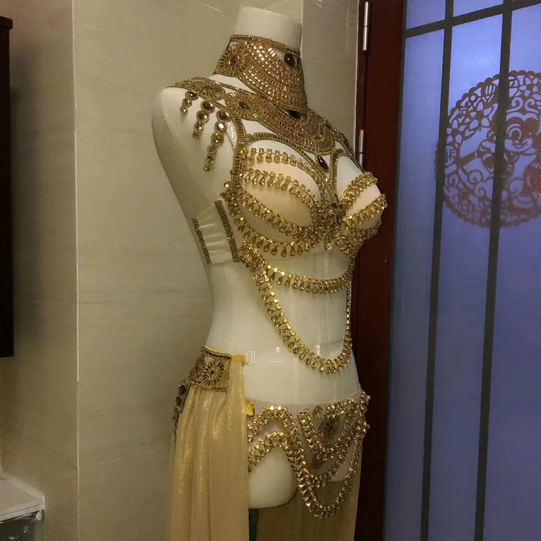 Embellished Rhinestones Chain Bikini Sets Shiny Costume For Women Mesh Gauze Trailing Nightclub Dance Show Wear Stage Outfit