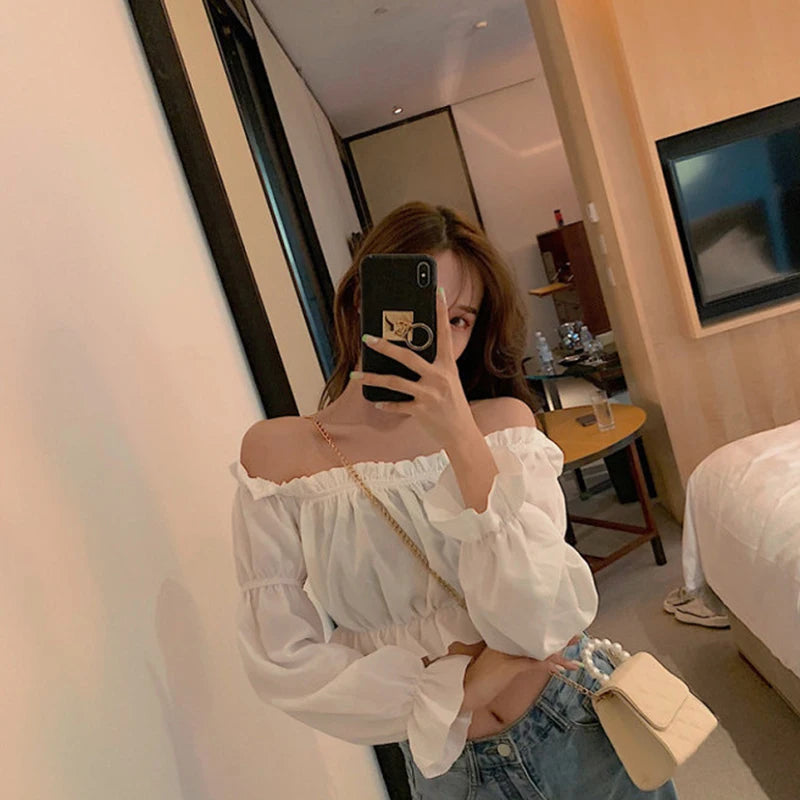 Off Shoulder Puff Sve Ruffle Crop Top