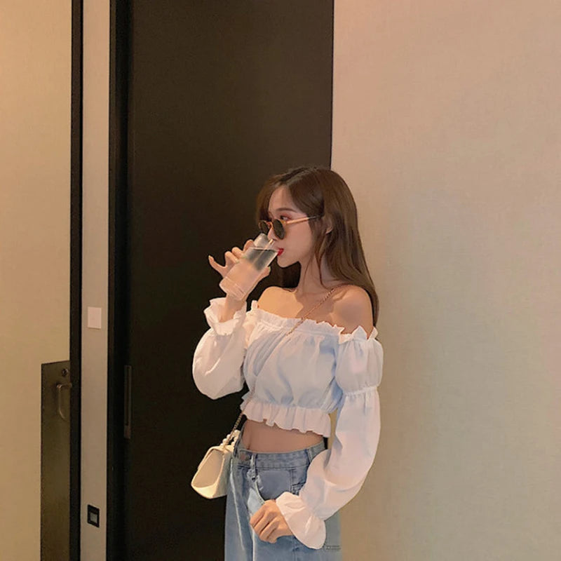 Off Shoulder Puff Sve Ruffle Crop Top