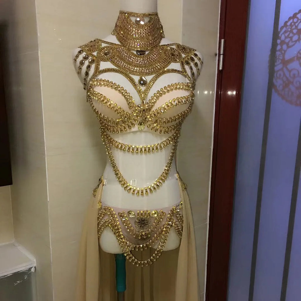 Embellished Rhinestones Chain Bikini Sets Shiny Costume For Women Mesh Gauze Trailing Nightclub Dance Show Wear Stage Outfit