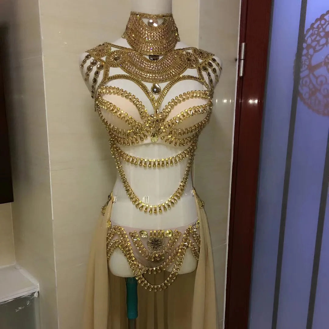 Embellished Rhinestones Chain Bikini Sets Shiny Costume For Women Mesh Gauze Trailing Nightclub Dance Show Wear Stage Outfit