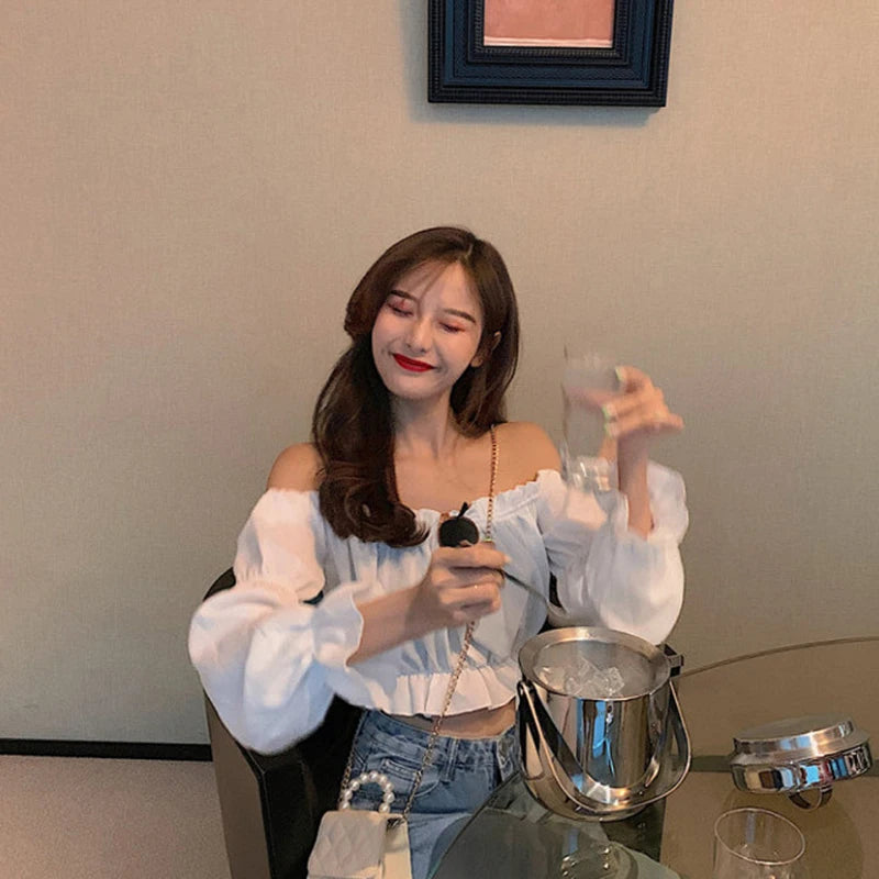Off Shoulder Puff Sve Ruffle Crop Top