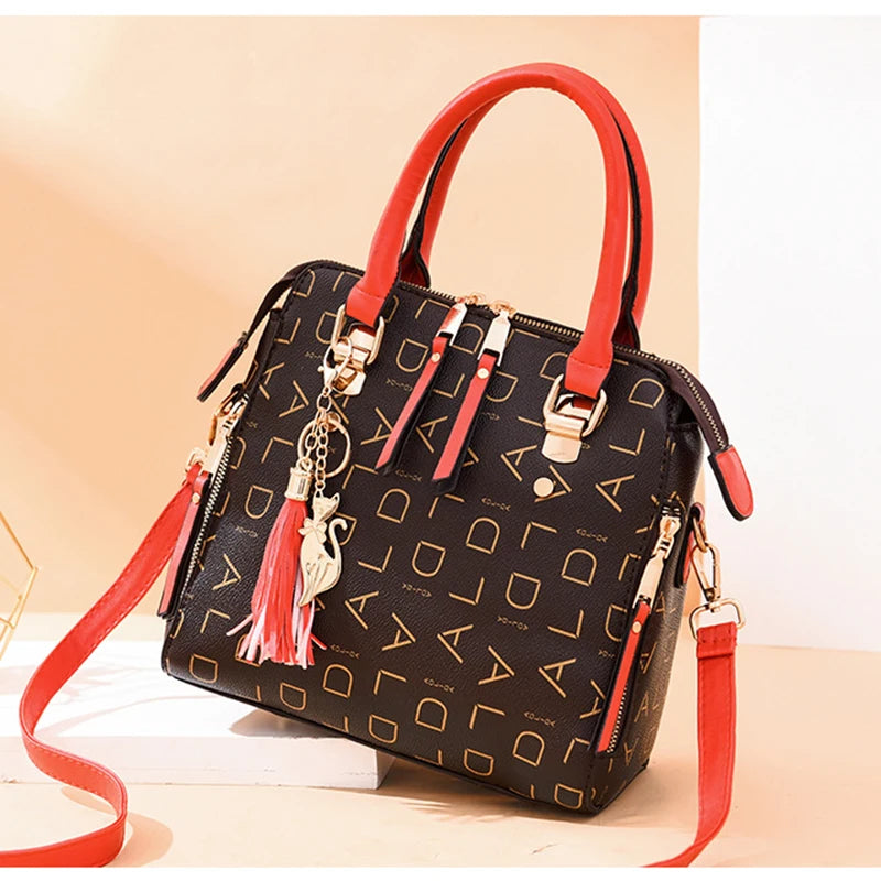 English Letter PU Leather Tassel Handbag