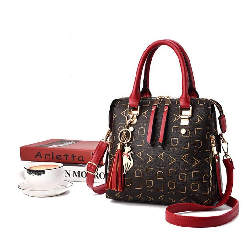 English Letter PU Leather Tassel Handbag