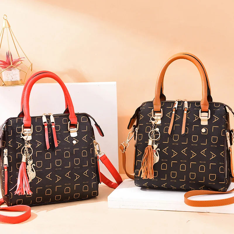 English Letter PU Leather Tassel Handbag