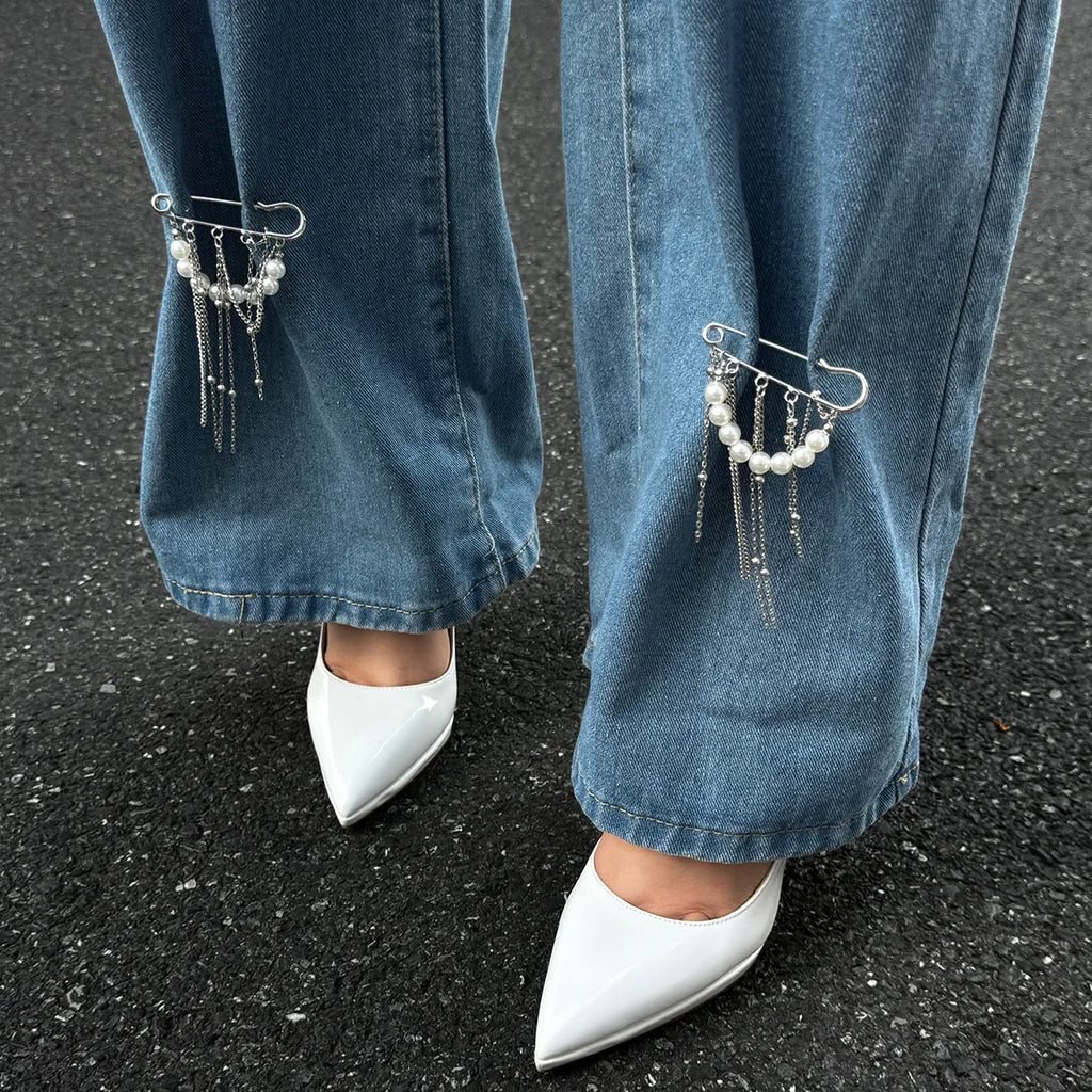 Retro Sweet Imitation Pearl Metal Chain Tassel Pendant Pin Pants Foot Chain  Creative Girl Fashion Sweet Fashion Jewelry