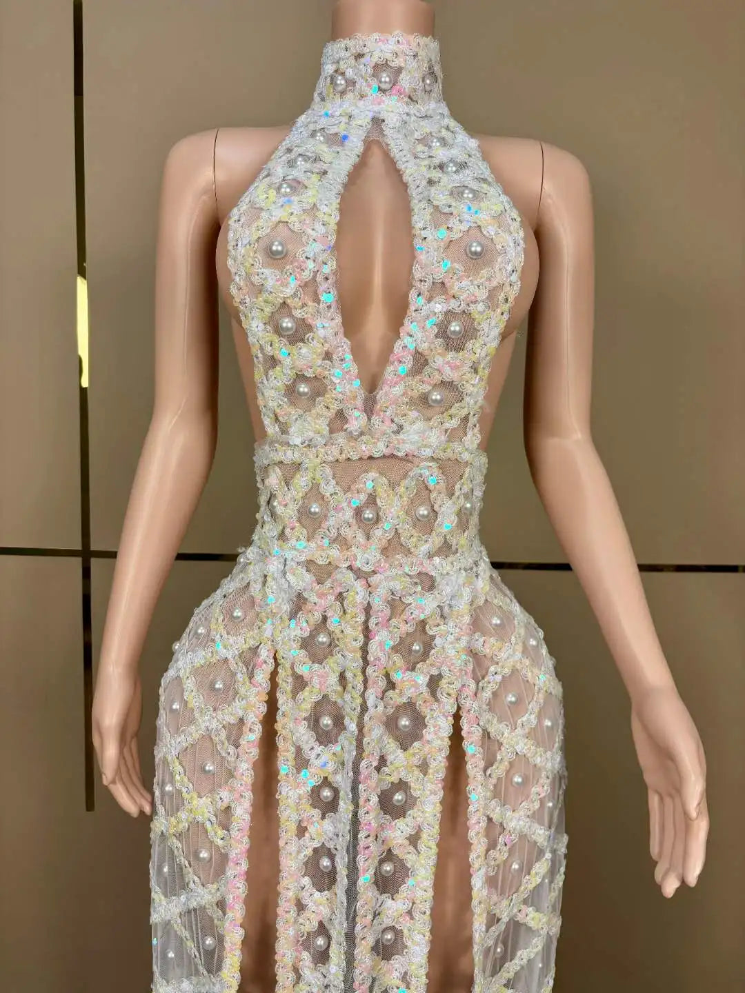 Pearl Embellished Open-Back Dance Costume Stage Wear