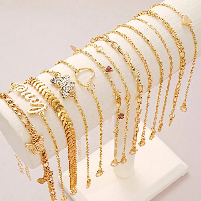 13-Piece Bohemian Anklet Set | Heart, Butterfly & Turquoise Beach Jewelry