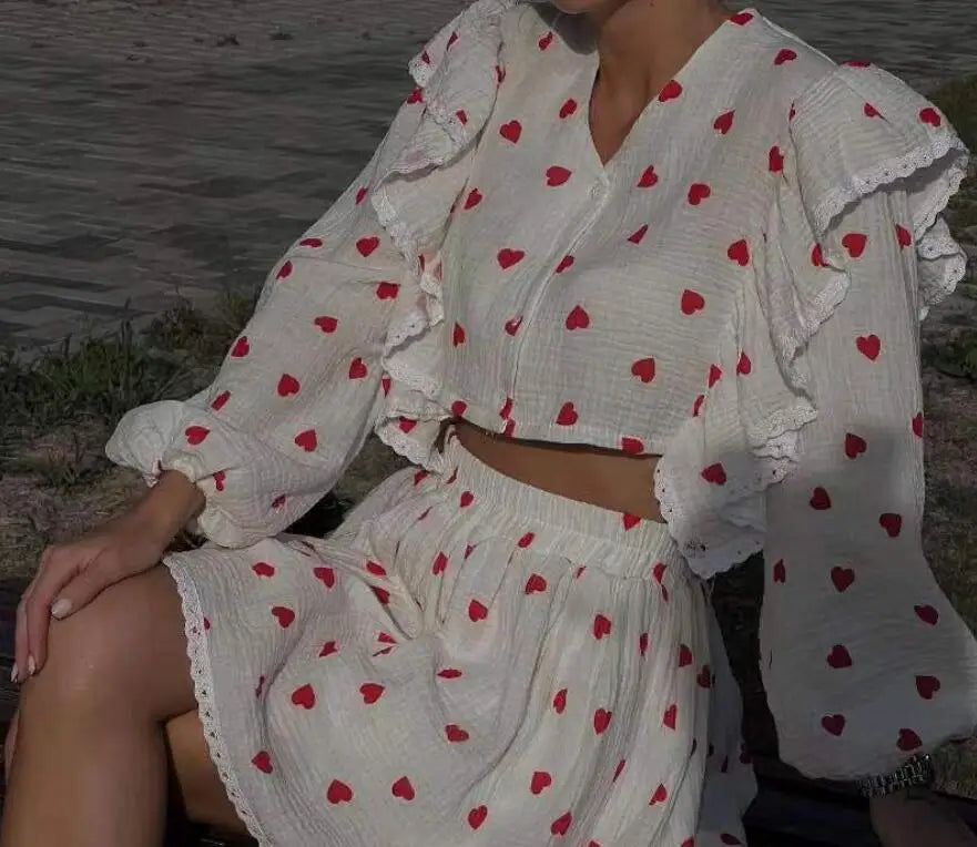Ruffle Edge Long Sleeved Printed Shirt + Elastic Waist Short Skirt Set