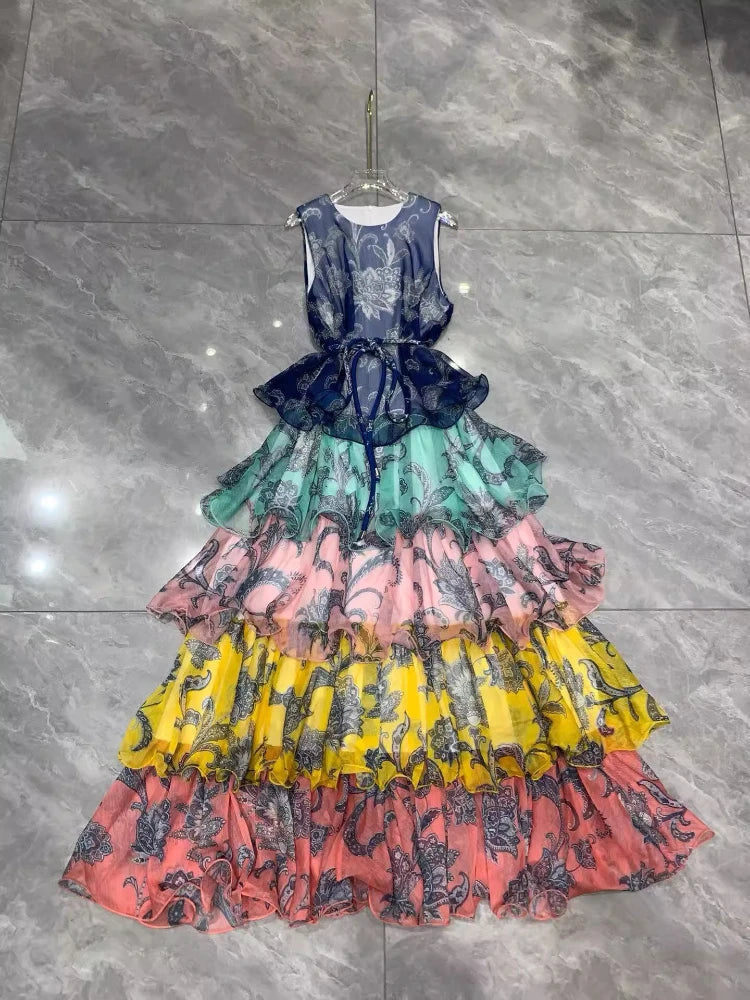 Women's Sleeveless Tie-Waist Ruffle Tiered Midi Dress