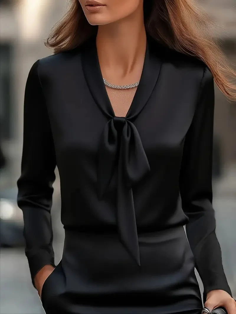 Elegant Solid Color Lace-up Blouse | Satin Long Sleeve Shirt for Women