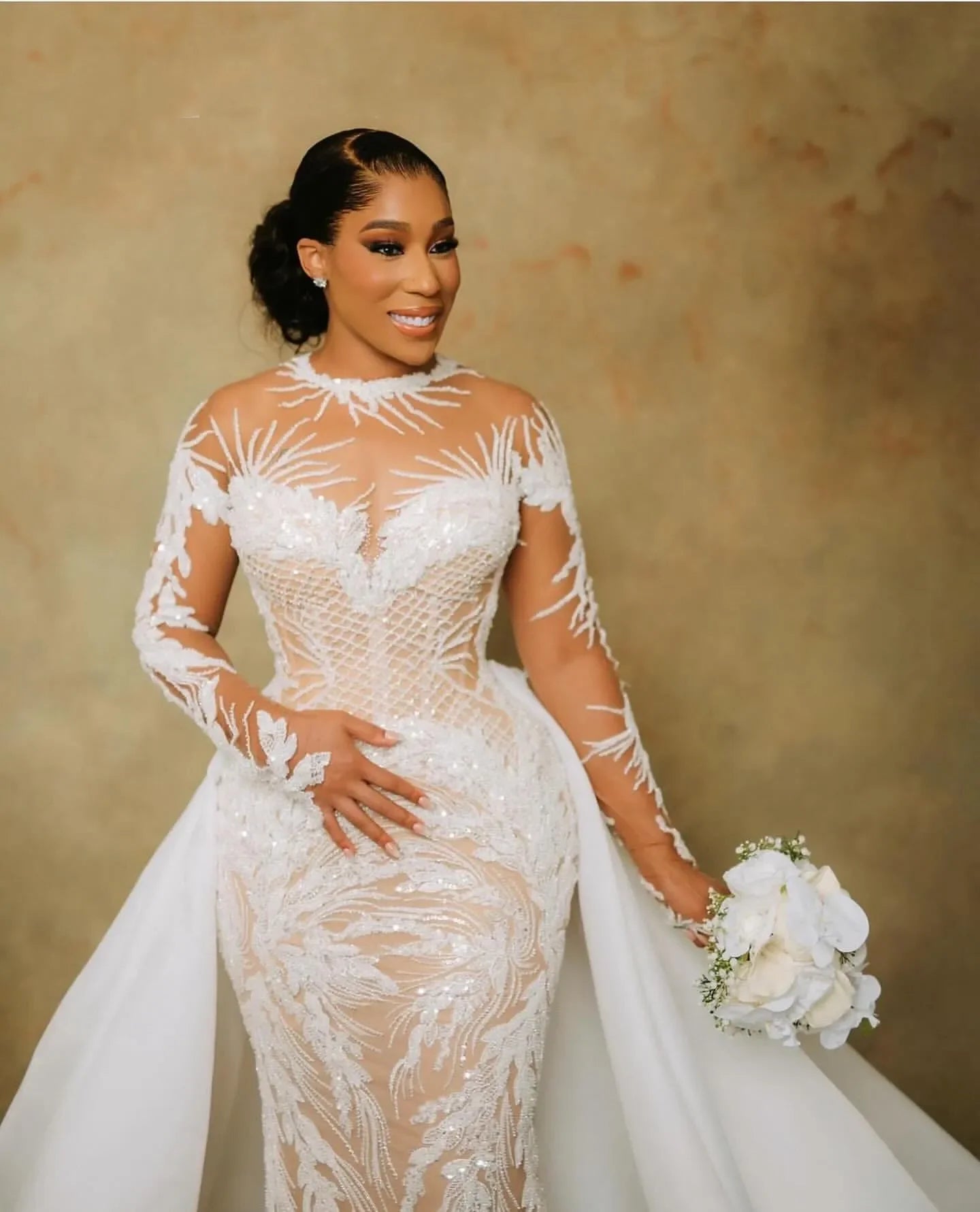 Plus Size Illusion Mermaid Wedding Dress | Beaded Sequined Lace Bridal Gown