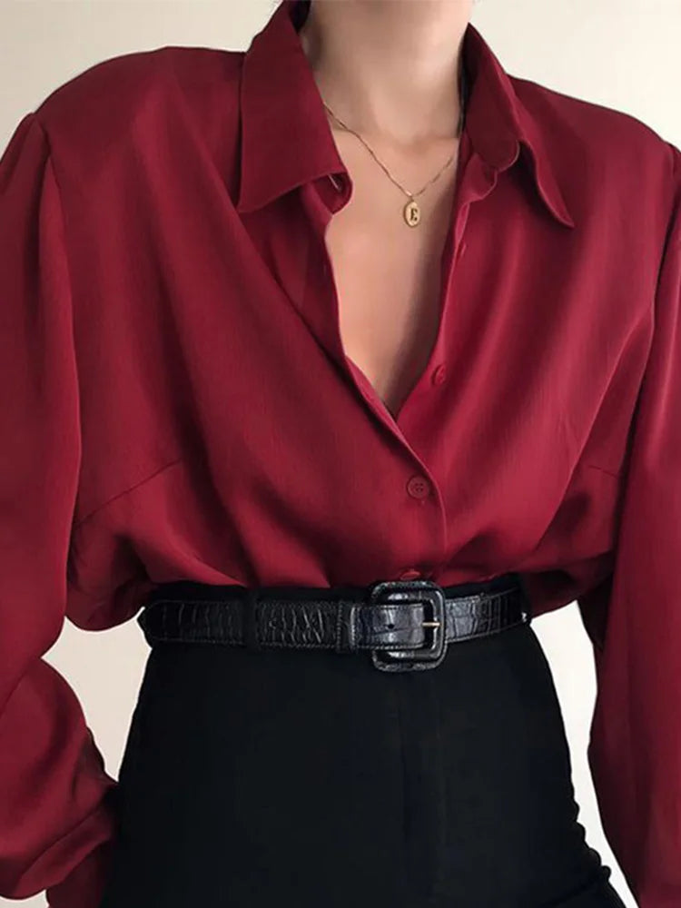 Women Button Blouses Turn Down Collar Shirts Office Lady Long Sve Casual Blouse Loose OL Shirt Baggy Tops Red/Wine Red /Black