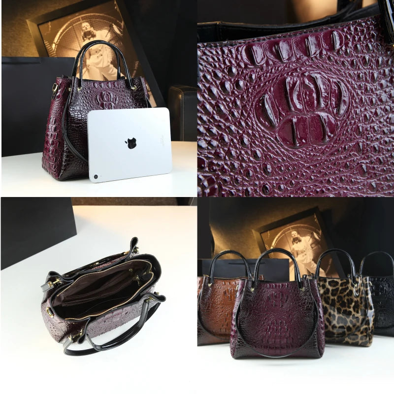 Crocodile Print Leather Tote & Shoulder Bag