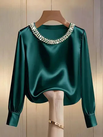 Pearl O-Neck Satin Boho Blouse