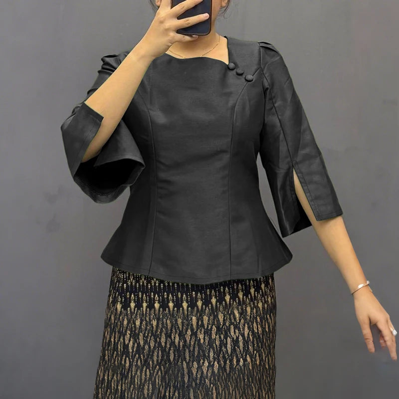 Elegant Office Lady Blouse | 3/4 Puff Sleeve Casual Solid Tunic Top | Loose Summer Shirt