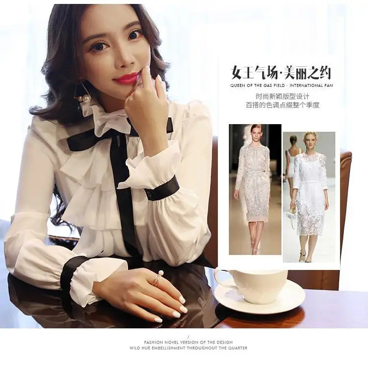 Elegant Women's Summer Blouse | Casual Ruffle Bow Long Sleeve Top White Shirt
