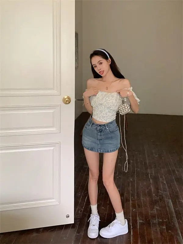 Floral Puff Sve Square Collar Crop Blouse