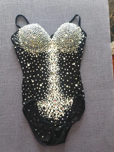 Pearl Strap Rhinestone Bodysuit Stage Leotard for Women