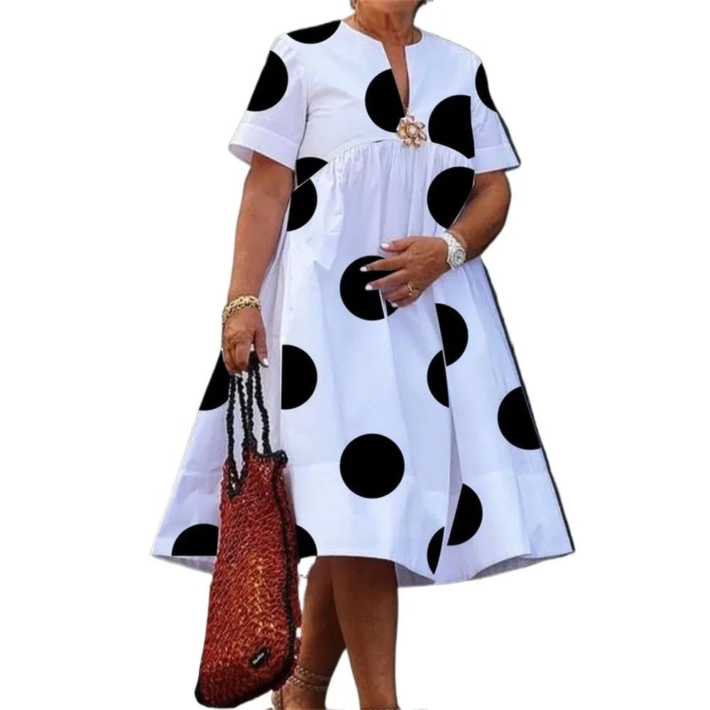 Women Midi Shirts Dress Short Sleeves Black and White Polka Dot Daily Casual Simple Female A - line Dresses - Nitamoje