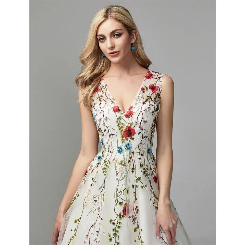 A-Line Floral Lace Prom Dress | Floor-Length Strapless Spaghetti Strap Formal Gown