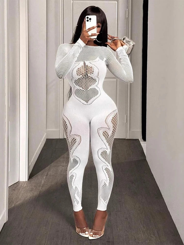 Women's Mesh Long Sleeve Cut-Out Fitted Jumpsuit