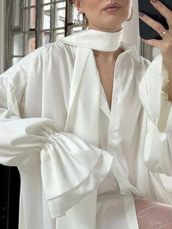 Satin Puff Sve Lapel Blouse with Scarf
