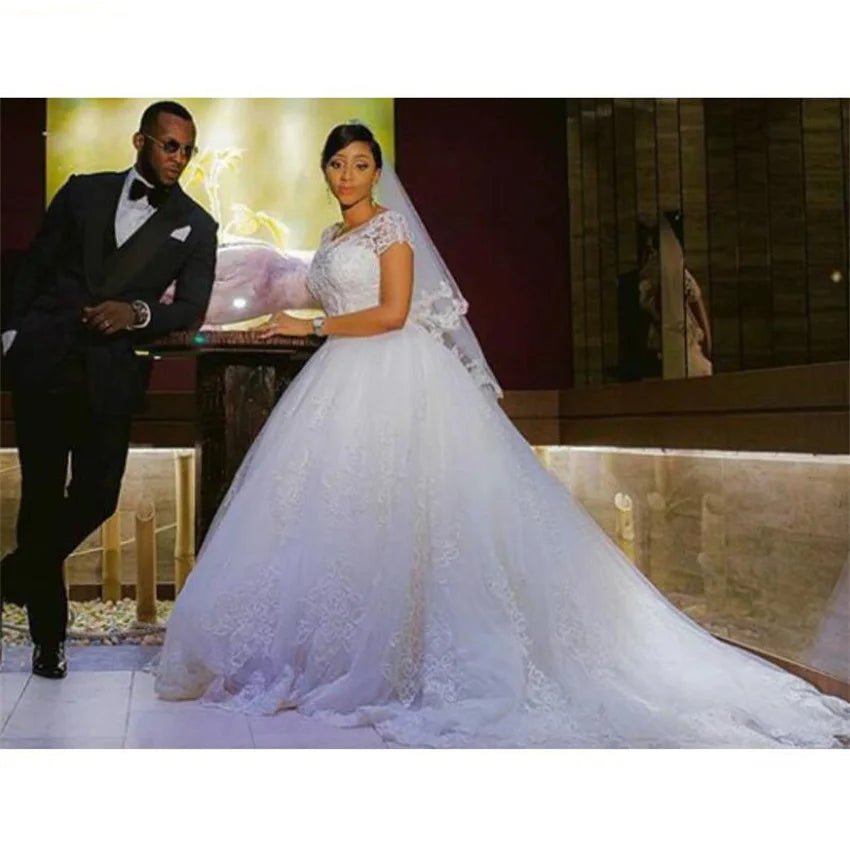 Vintage Lace African Beading Wedding Dress | Short Sleeve Bridal Gown - Nitamoje