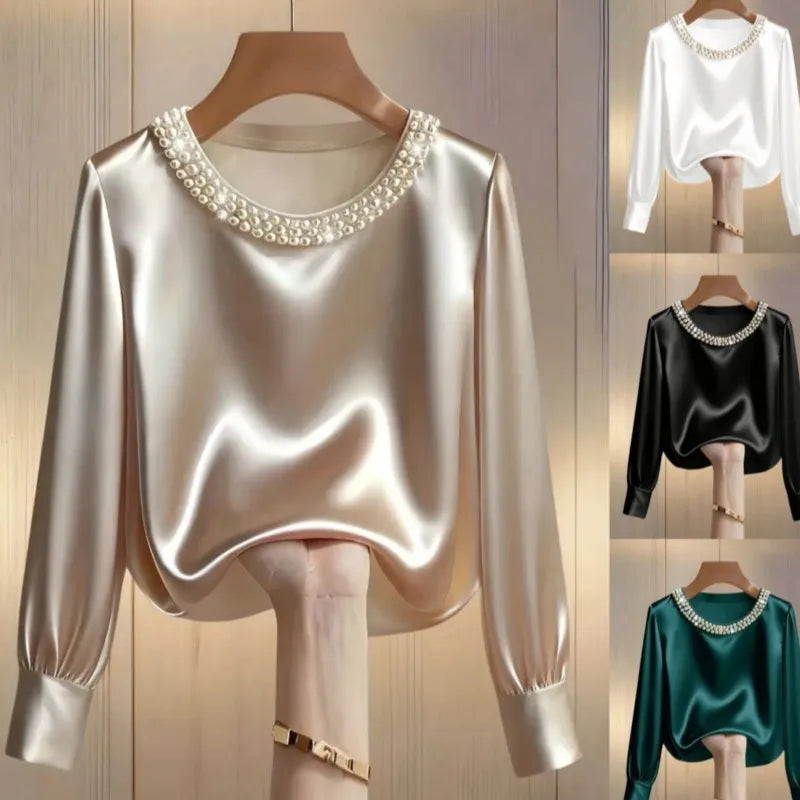 Pearl O-Neck Satin Boho Blouse