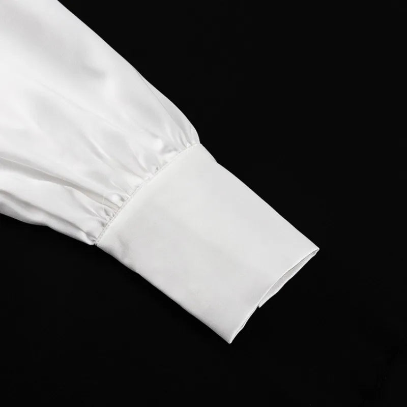 Elegant Off Shoulder Blouse With Tie For Women Y2K Office Lady Long Lantern Sve Button Down Shirt Loose Top