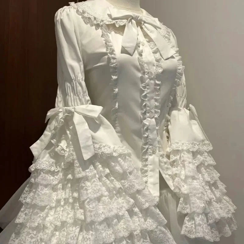 Lolita Blouse Women Y2k Gothic Peter Pan Collar Lace Bow Ruffles Tops Oversized Flare Sve Sweet Shirts JSK White Blouses