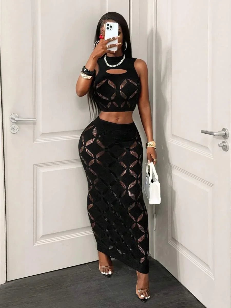 2PCS Plus Size Black Mesh Hollow Out Crop Tank & Bodycon Mini Skirt Set - Nitamoje
