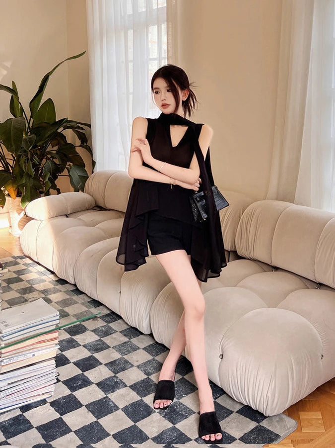 Black V-Neck Chiffon Blouse