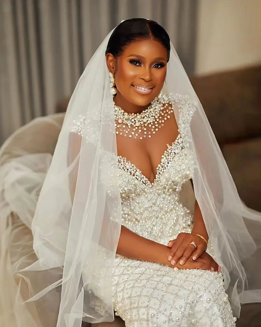 Luxury Pearl Beaded Mermaid Wedding Dress | Long Sleeve Plus Size Bridal Gown - Nitamoje