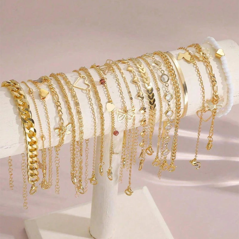 13-Piece Bohemian Anklet Set | Heart, Butterfly & Turquoise Beach Jewelry
