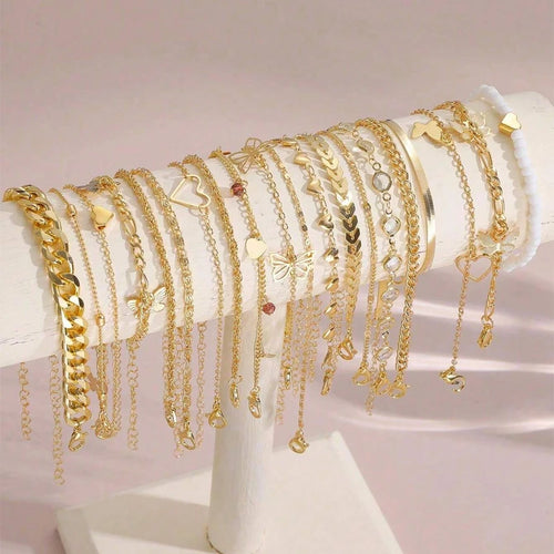 13-Piece Bohemian Anklet Set | Heart, Butterfly & Turquoise Beach Jewelry