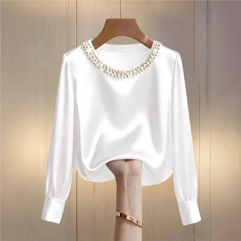 Pearl O-Neck Satin Boho Blouse