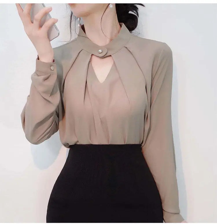 Solid Blouses Women Chiffon Shirts Long Sve flattering Hollow chic All-match Basic Spring Summer Tops Thin Chic Elegant Female Ins