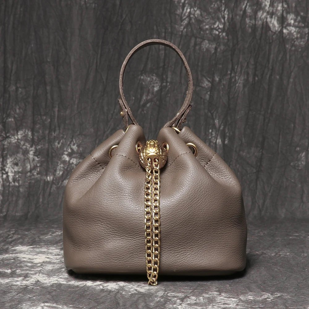 Metal Drawstring Genuine Leather Chain Bucket Bag - Nitamoje