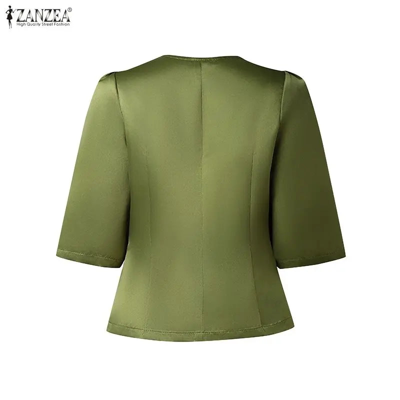 Elegant Office Lady Blouse | 3/4 Puff Sleeve Casual Solid Tunic Top | Loose Summer Shirt